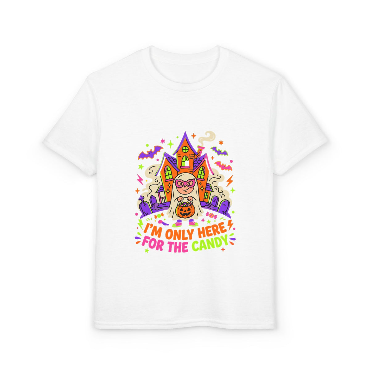 Kids Halloween T‑Shirt - "I'm Only Here For The Candy" Candy Bucket Costume Tee
