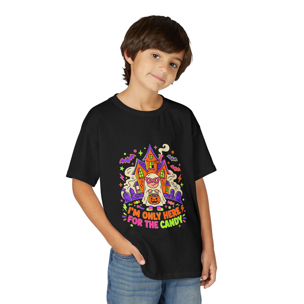Kids Halloween T‑Shirt - "I'm Only Here For The Candy" Candy Bucket Costume Tee