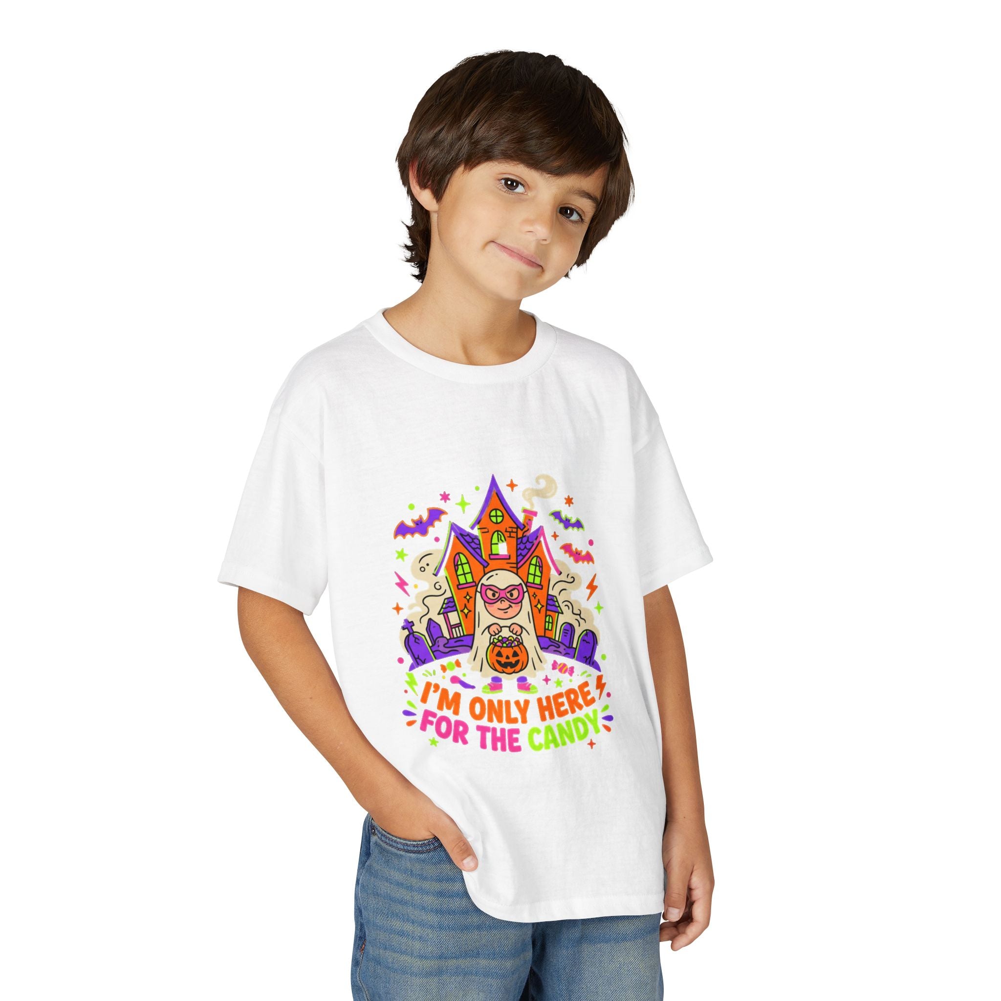 Kids Halloween T‑Shirt - "I'm Only Here For The Candy" Candy Bucket Costume Tee