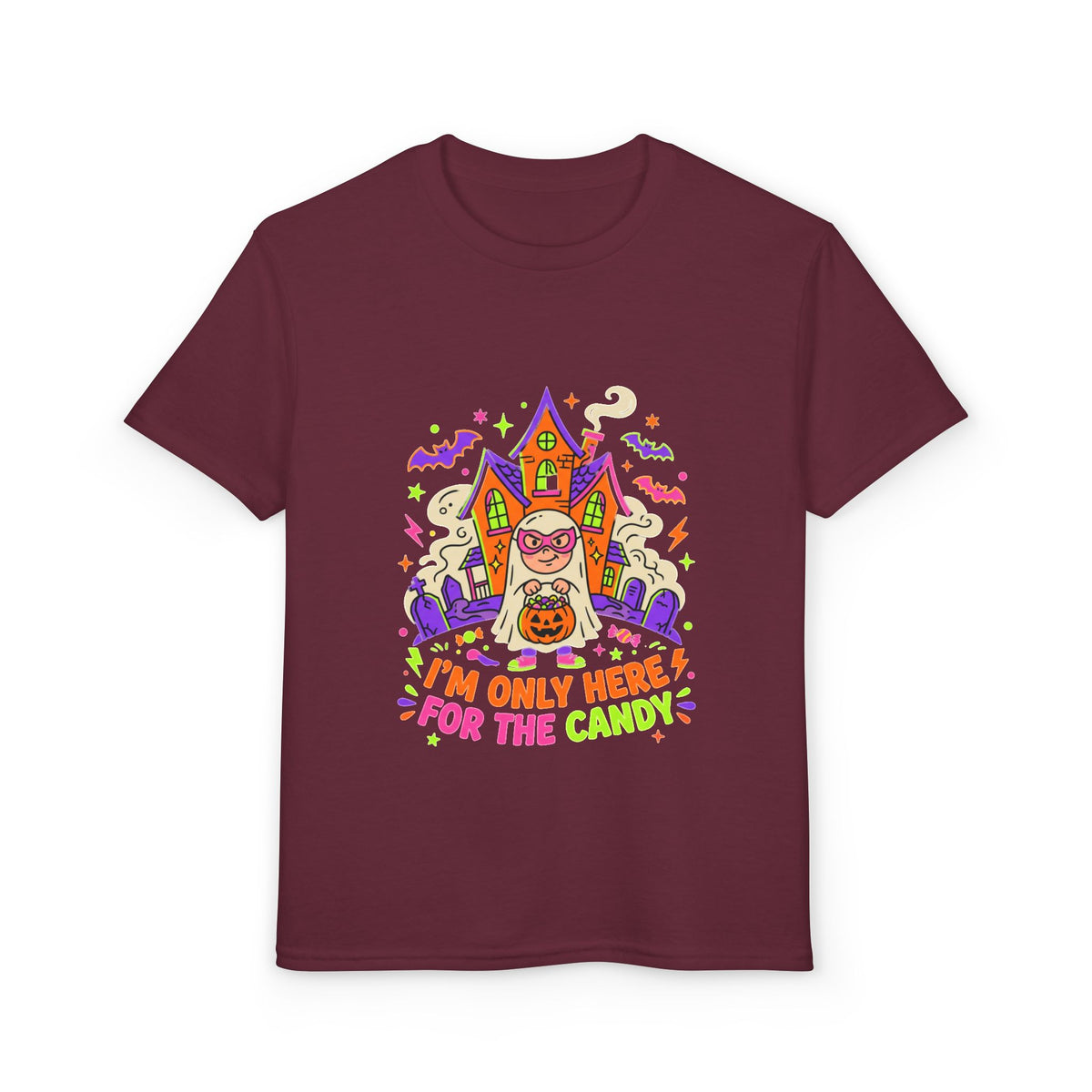 Kids Halloween T‑Shirt - "I'm Only Here For The Candy" Candy Bucket Costume Tee