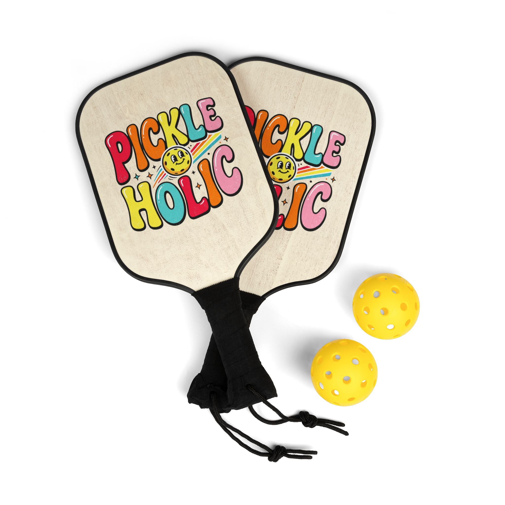 Pickleball Paddle Set – "Pickle Holic" Retro Colorful Design (2 Paddles + Balls)